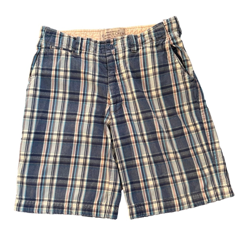Campus Crew Plaid Shorts Mens Size 34 x 10 Blue Cream Pockets Cotton
